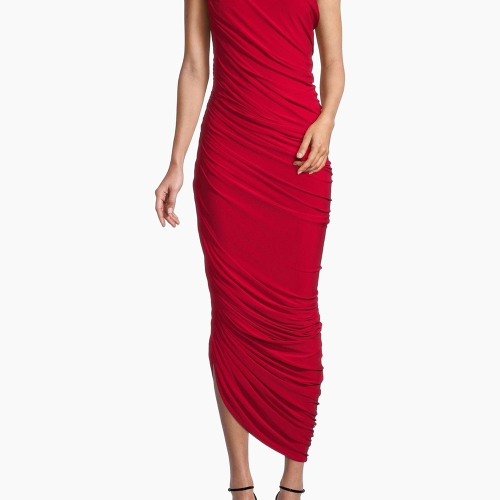Norma Kamali Red One Shoulder Ruched Dress